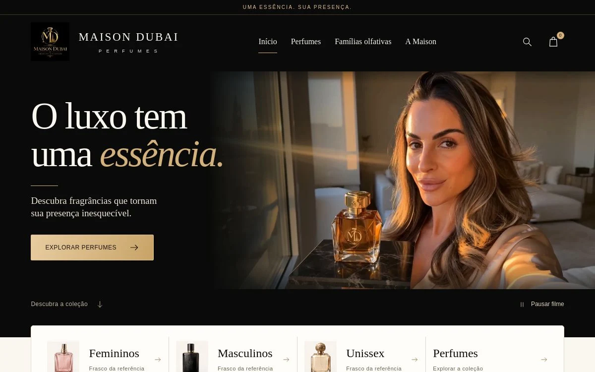 Página inicial da Maison Dubai com cabeçalho e apresentação dos perfumes