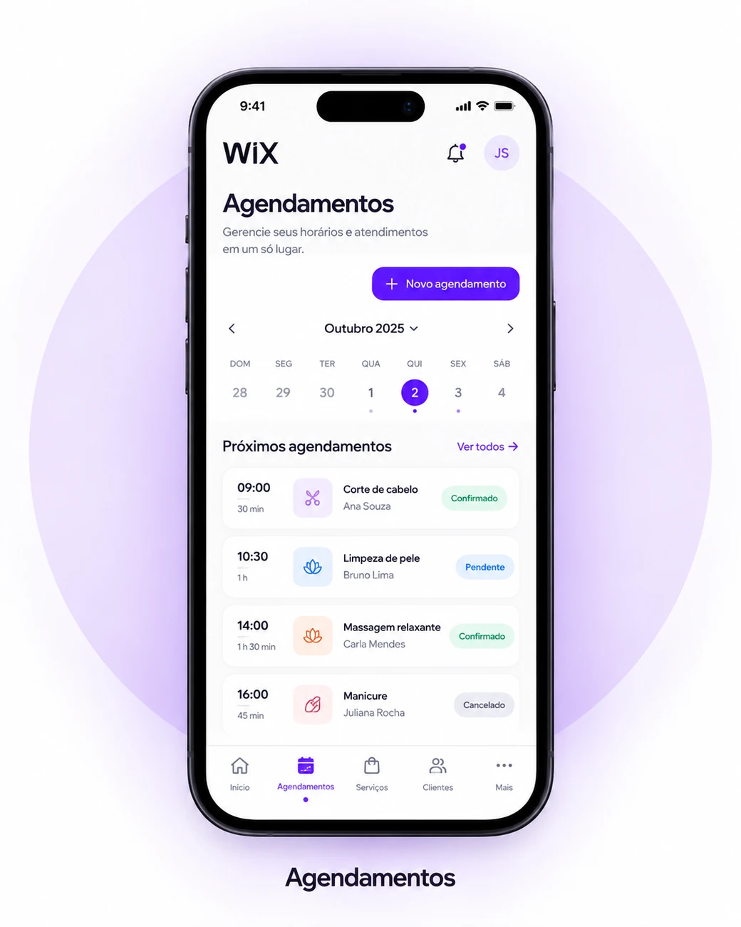 Interface ilustrativa de Agendamentos no aplicativo Wix, apresentada em um smartphone.