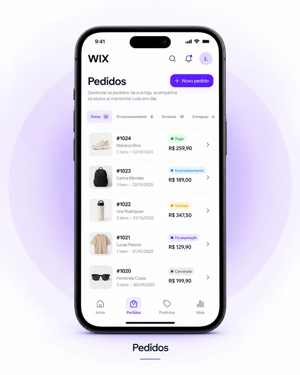 Interface ilustrativa de Pedidos no aplicativo Wix, apresentada em um smartphone.